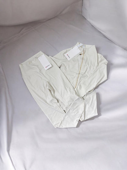 Lululemon Define Jacket and Leggings Set white, Gold Zips, Align UK Size S