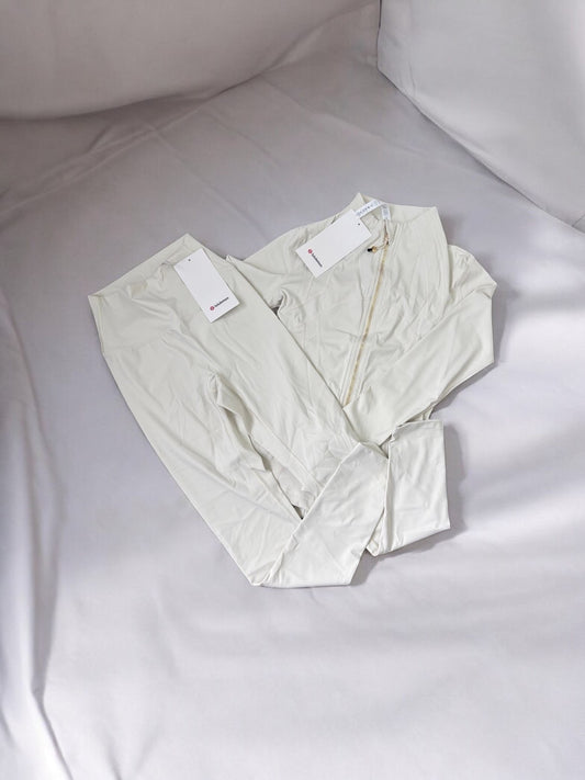 Lululemon Define Jacket and Leggings Set white, Gold Zips, Align UK Size S