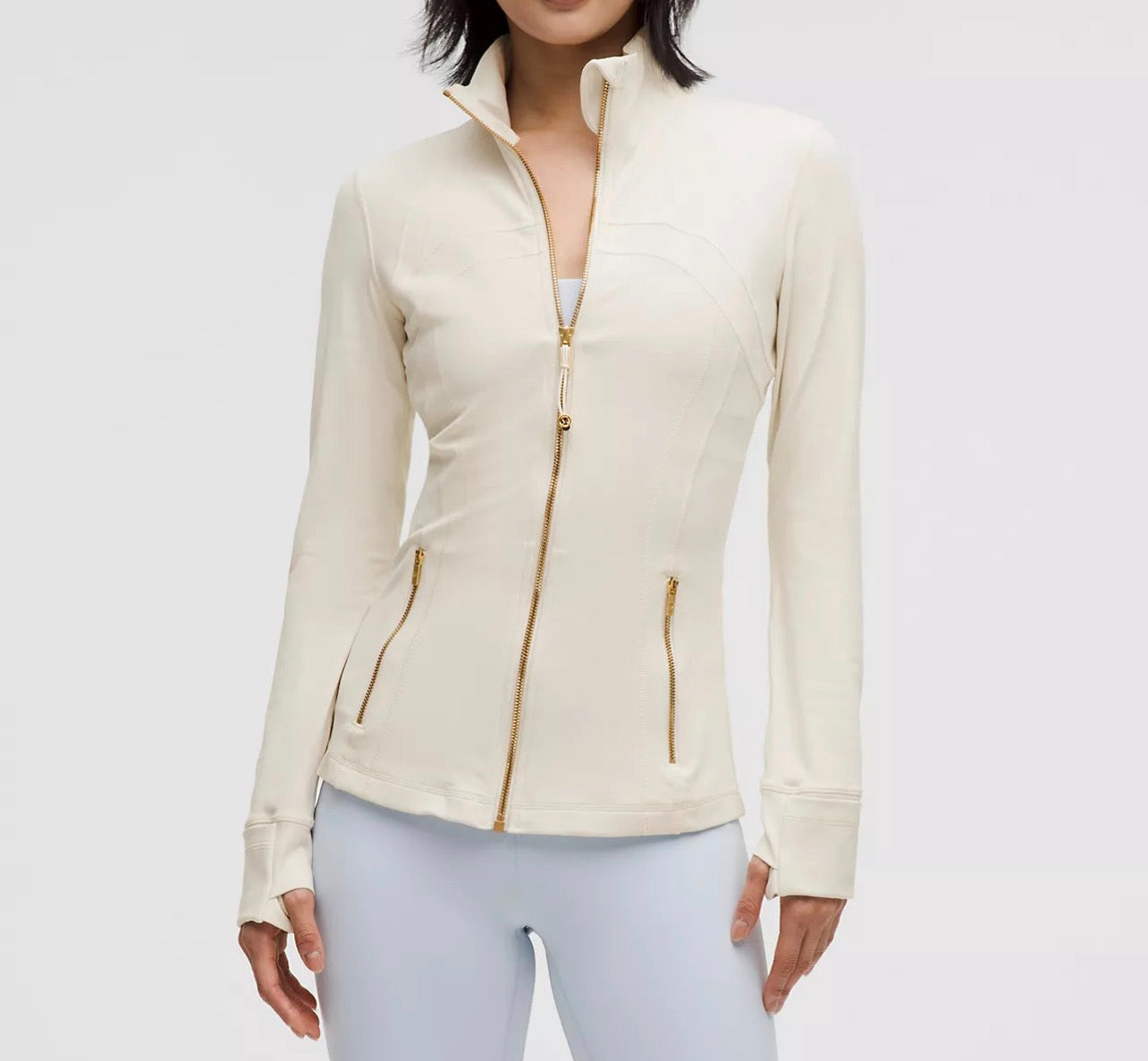 Lululemon Define Jacket and Leggings Set white, Gold Zips, Align UK Size S